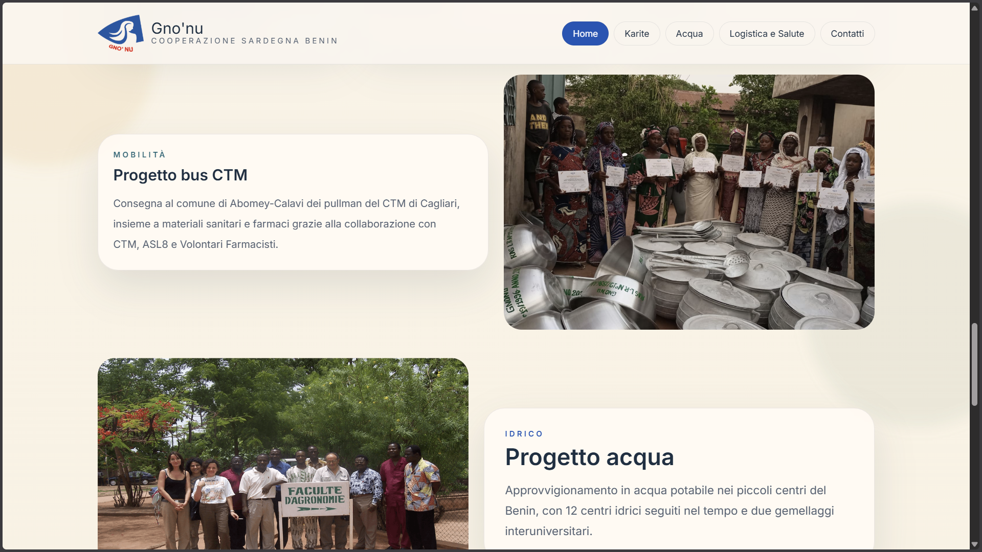 GNO'NU website showing humanitarian mobility and water projects