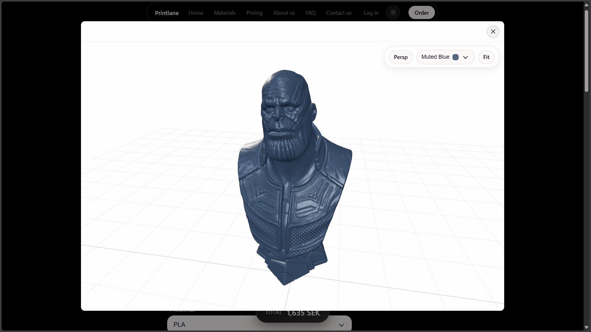 Printlane 3D model viewer displaying an uploaded model