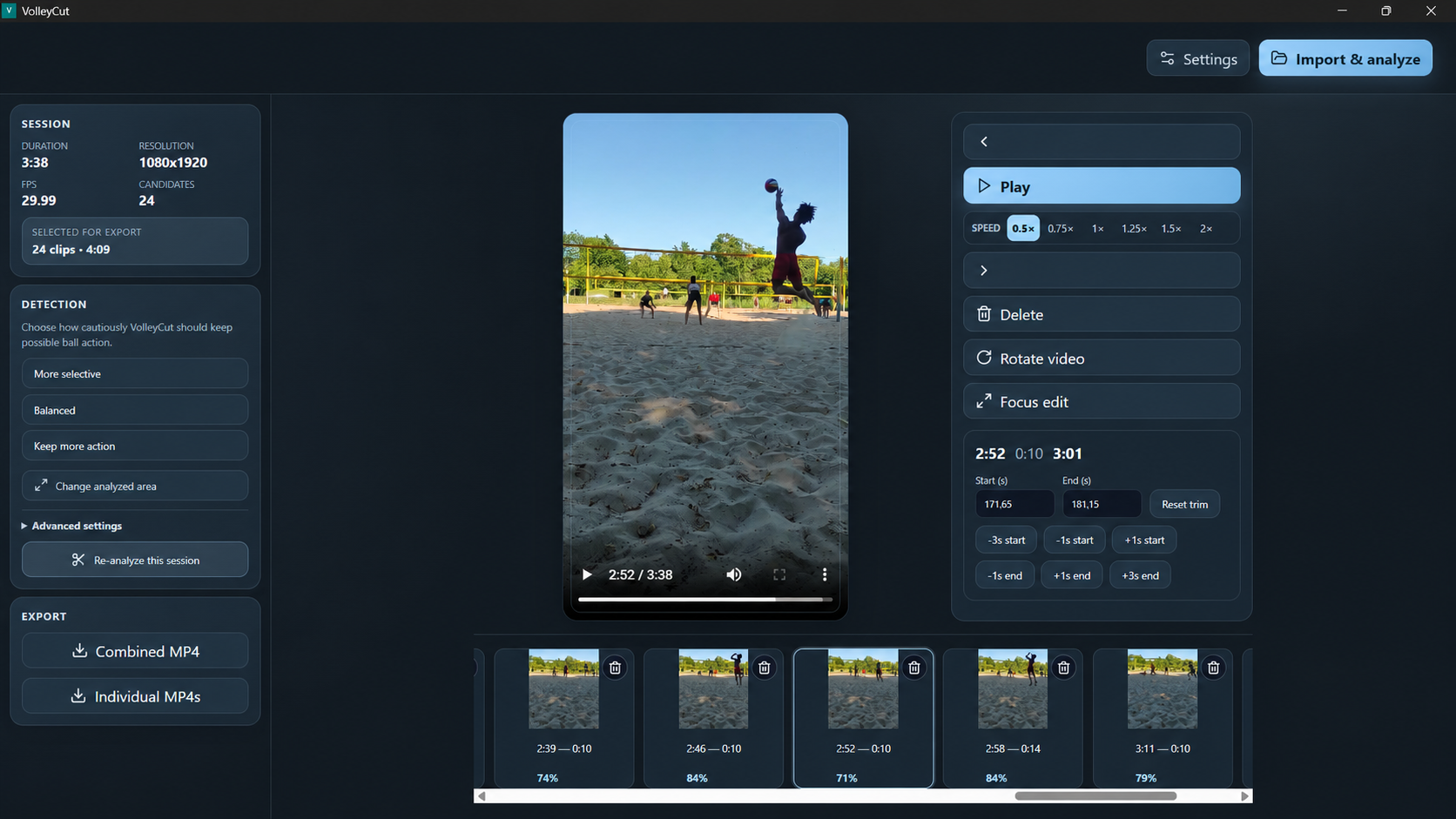 VolleyCut review session with detected volleyball clips